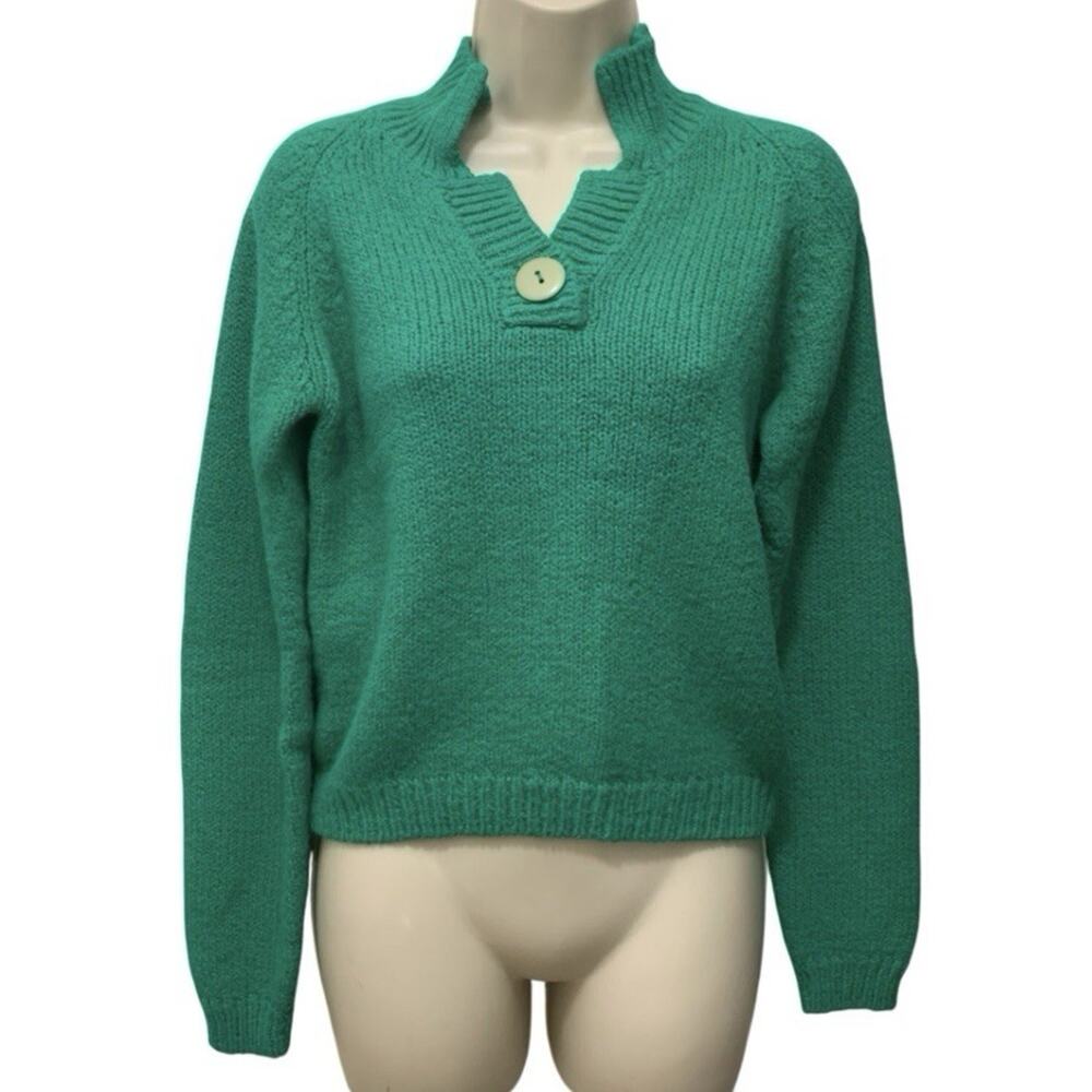 Vintage 80s Sweetbriar Green Knit Sweater S Hong Kong Button Collar Retro